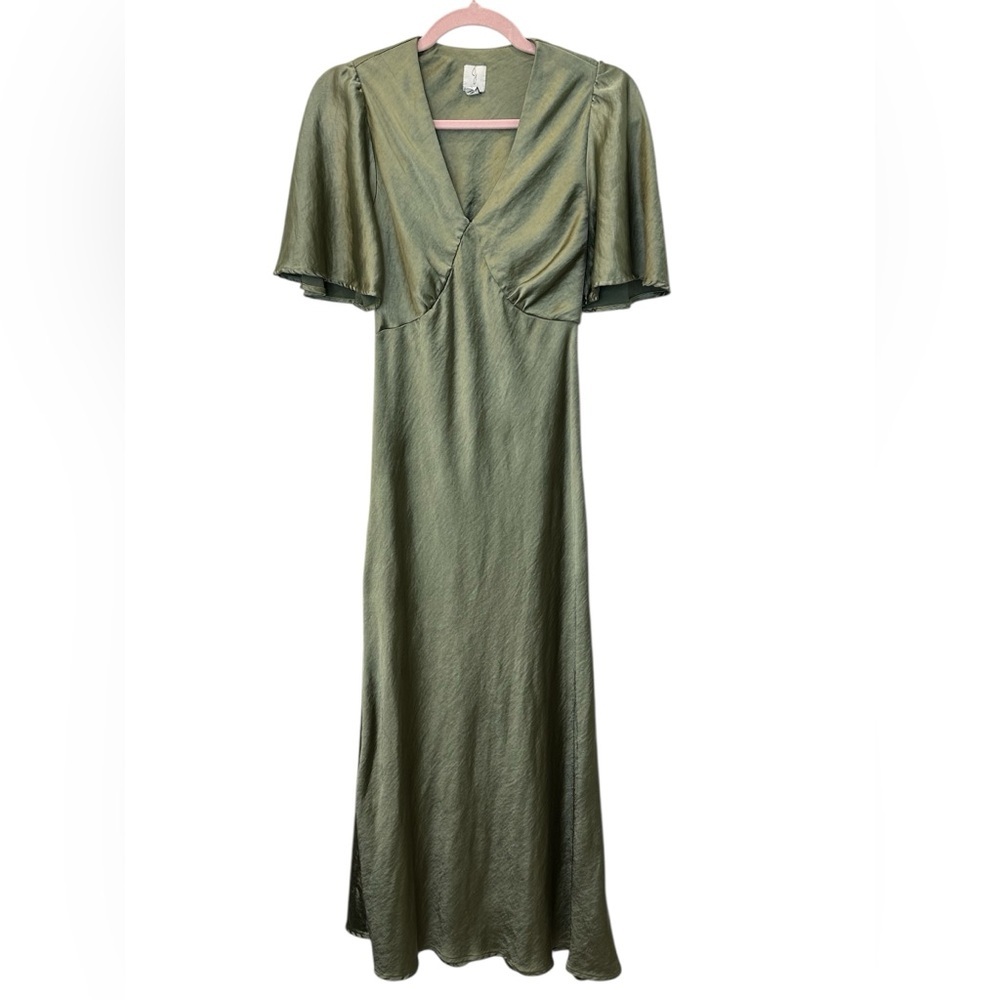 JOIE Sage Green Satin V-Neck Flutter Sleeve Midi Dress XS